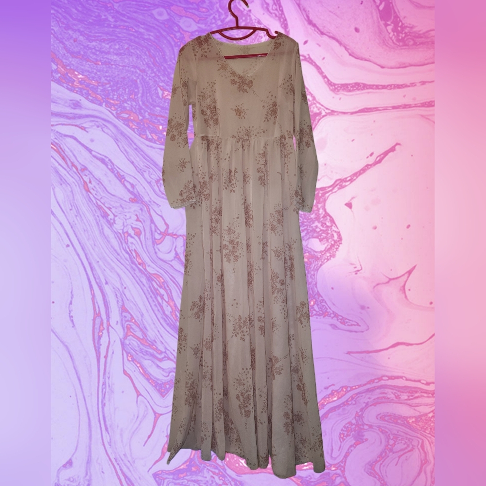 Small Medium 60s 70s Vintage Retro Sheer Maxi Dress Pink Floral